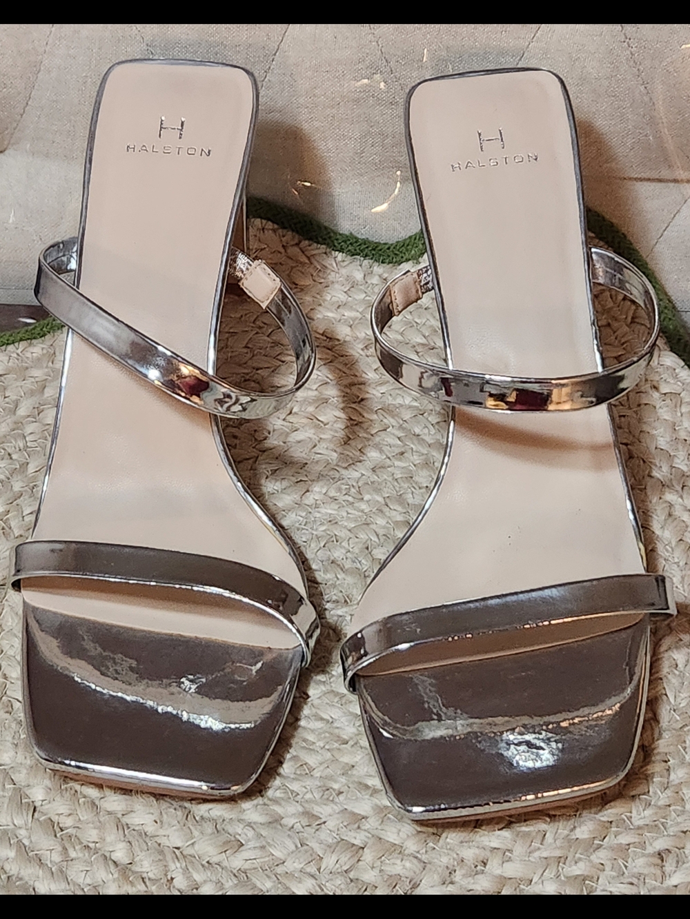 Halston Heritage Metallic Silver Strappy Slide Sandals